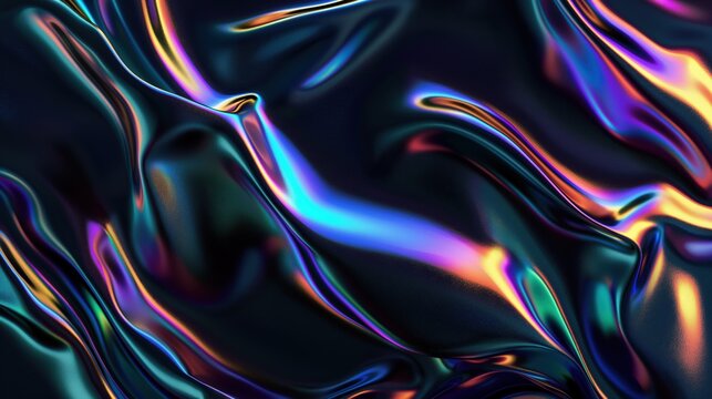 Abstract iridescent liquid metal texture with vibrant glowing reflections in a futuristic dark aesthetic design