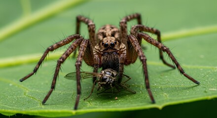 Closeup of Wolf Spider Devouring its Prey on a Green Leaf in Nature Macro Photography