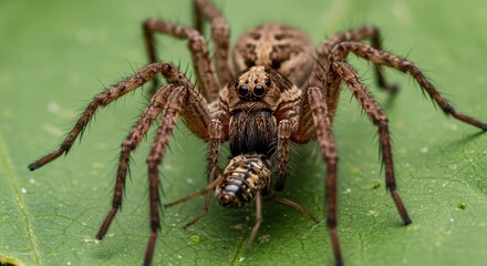 Obraz premium Closeup of a Wolf Spider Devouring its Prey on a Green Leaf in a Natural Habitat