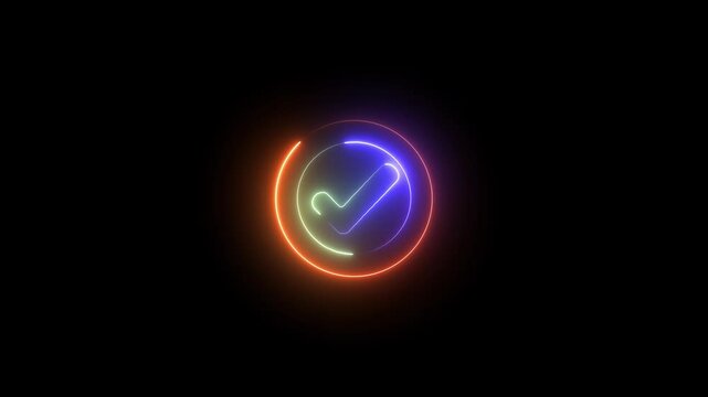 Beautiful black background of tick icon, Neon Adobe Stock logo, bright circular design, heart shape, vibrant colors, modern technological feel