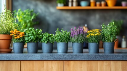 Aromatic Garden: A vibrant assortment of potted herbs, including basil, thyme, rosemary, and lavender, rests on a wooden surface, infusing the kitchen with the fresh fragrances of culinary excellence.