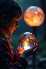 Naklejka premium Gazing into a glowing crystal ball with a candlelit globe in the background, hypnotic, ball, mystical