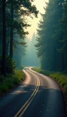 Obraz premium Gentle curves of a forest road under a hazy sky, road, gentle