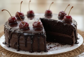 Delicious chocolate cake with cherries on top and a slice cut