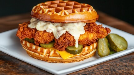 Waffle deep fried chicken delight. Delicious chicken and waffle sandwich with pickles and sauce.