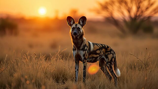  Wild dog in a field with the sun setting behind it