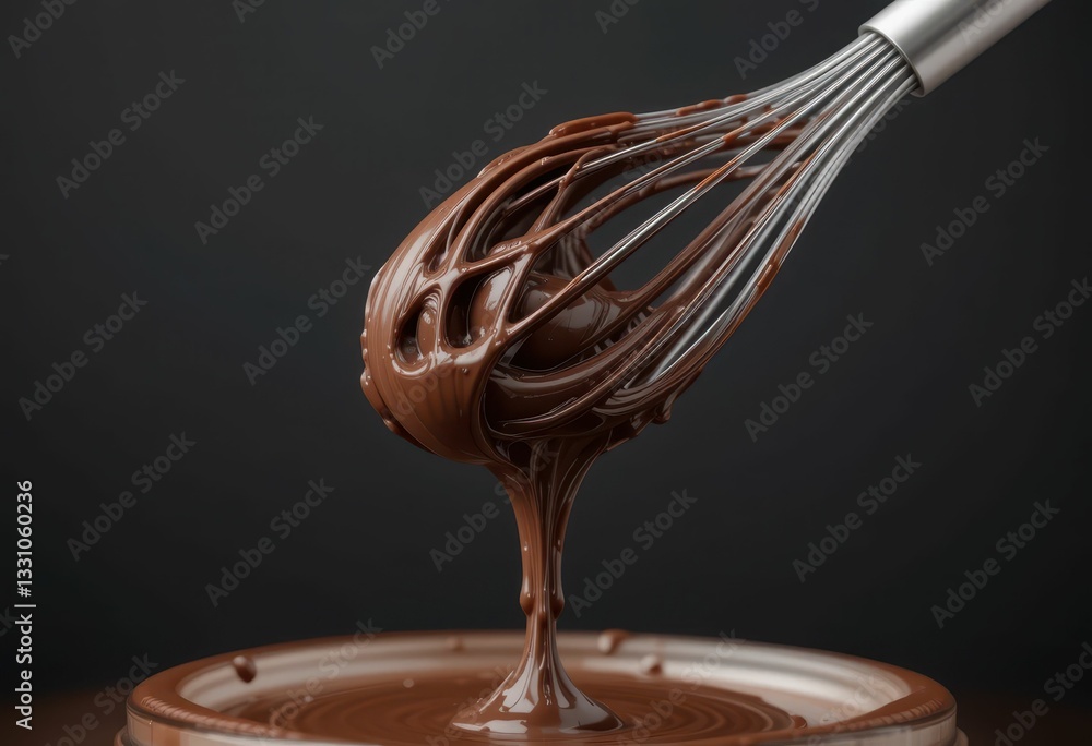 Poster whisking chocolate mixture with glossy texture and rich color