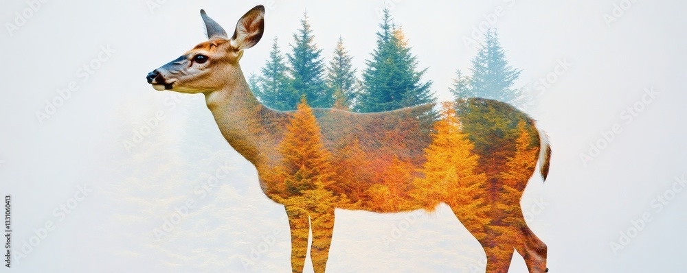Poster a deer stands with overlapping trees in autumn colors