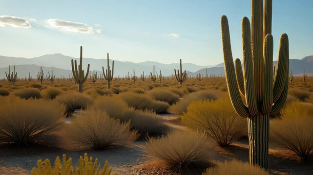  Path through a desert landscape with cacti and mountains