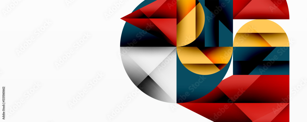 Poster Abstract geometric artwork with overlapping circles and gradients, circle square triangle shapes background featuring sharp angular cuts, smooth shading, and structured layered composition