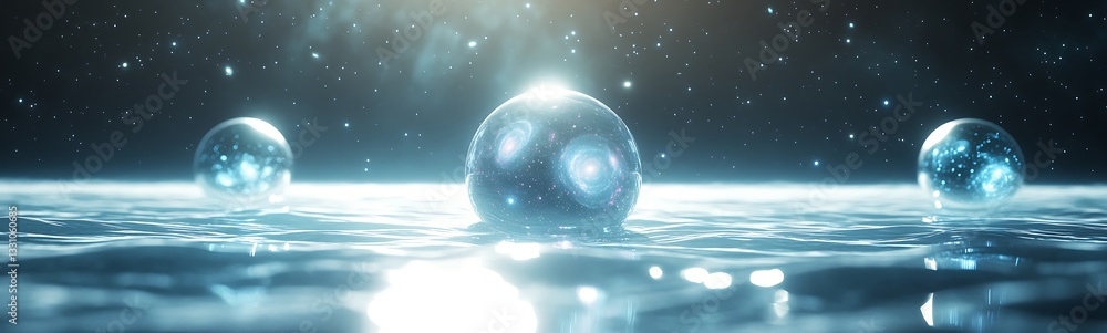 Poster glowing spheres reflect on a shimmering water surface, creating a serene, ethereal atmosphere.