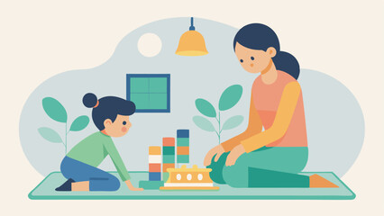 Obraz premium Happy Mother's Day: A heartwarming illustration of a mother and child bonding over a modern board game, showcasing quality family time and playful learning. Perfect for Mother's 
