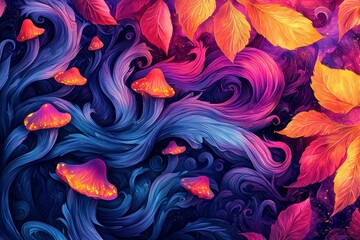 Step into a realm where autumn's embrace intertwines with enchantment, creating a captivating garden scene Delicate hand-drawn details bring to life a landscape adorned with swirling leaves, dancing