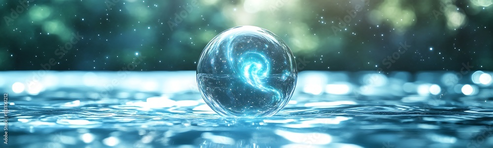 Poster A water droplet creates ripples on the surface while suspended in a serene environment.