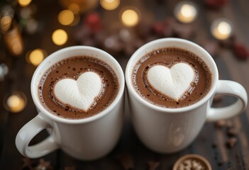 Romantic Hot Chocolate with Heart-Shaped Marshmallows in Cups