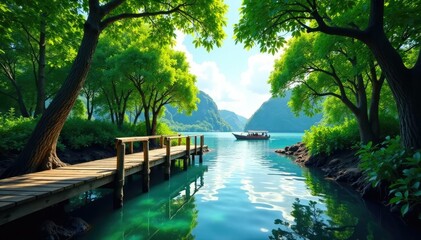 Mangrove forest with wooden bridge and boats in the distance, greenery, trees