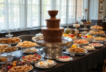 Naklejka premium Elegant Chocolate Fountain Surrounded by Sweet Desserts and Treats