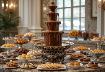 Chocolate fountain centerpiece surrounded by assorted pastries and cookies