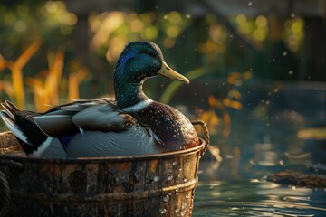 High Definition Image of Duck Sitting on Water in a Bucket at the Farm