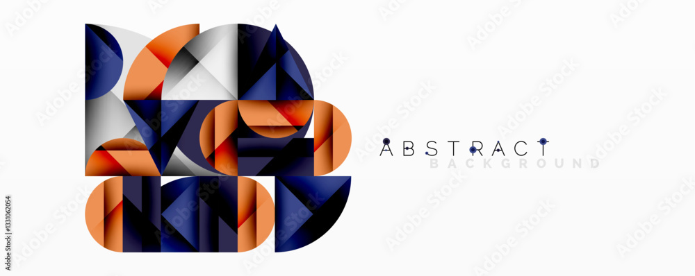 Poster Abstract geometric design with intersecting circles, triangles, squares and sharp angles creating a layered composition with gradients, depth, and contrast