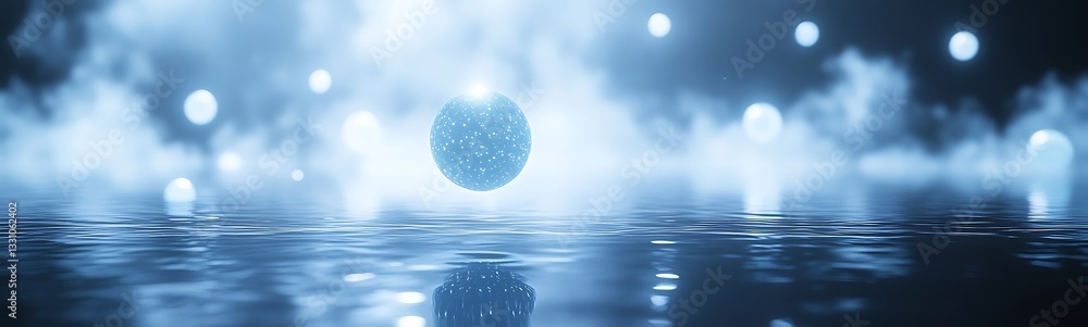 Poster a glowing orb hovers above a reflective surface amidst mist and soft lighting effects.