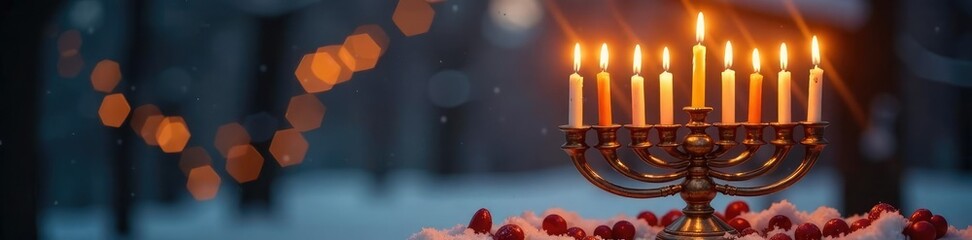 Menorah candles lit against a warm winter background, Light, Celebration