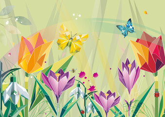 Frühlingsillustration mit stilisierten Blumen, darunter Tulpen, Krokusse und Schneeglöckchen in geometrischem Design. Bunte Schmetterlinge flattern zwischen den Blüten, mit Bienen und Marienkäfer 