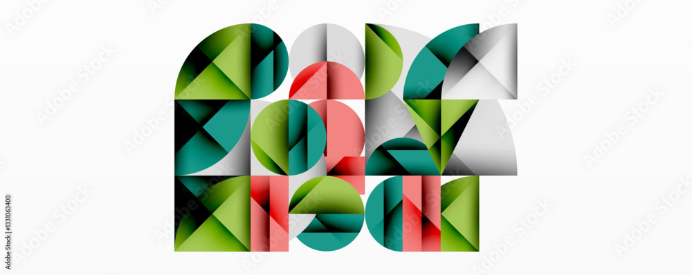 Poster Abstract geometric design with intersecting circles, triangles, squares and sharp angles creating a layered composition with gradients, depth, and contrast