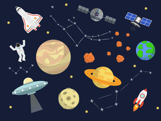 cute outer space set cosmic bundle doodle spaceship planet collection naive stellar sticker illustration design clipart © SachiDesigns