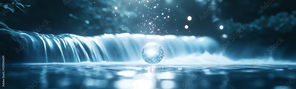 Poster A serene waterfall with sparkling water droplets and a reflective surface creating a tranquil atmosphere.