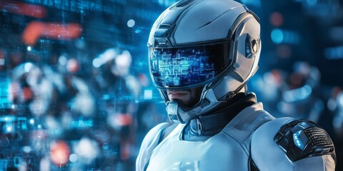 Fototapeta premium Futuristic spaceman with augmented reality helmet gazes thoughtfully ahead