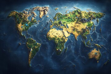 Obraz premium 3D rendered world map showing relief and topography over dark blue water; geography study tool
