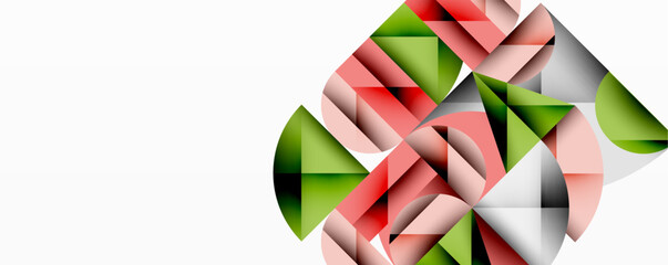 Modern abstract composition with layered circles and angular segments featuring gradients, transparency effects, and a structured geometric layout