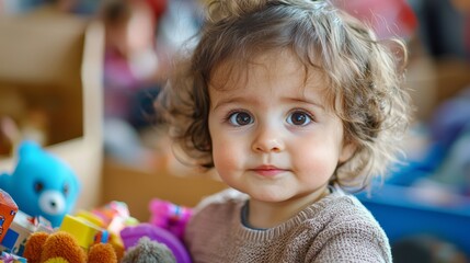Fototapeta premium Child's play donation of toys community center photography joyful environment close-up perspective generosity concept