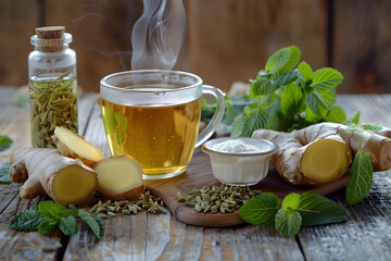 Natural Remedies for Upset Stomach Arranged on a Rustic Wooden Table - Herbal Tea, Ginger, Fennel Seeds, Yogurt, Peppermint Oil, and Mint Leaves