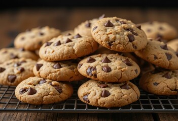 Freshly Baked Chocolate Chip Cookies on a Cooling Rack