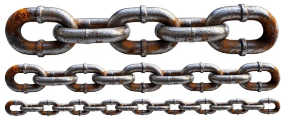 Rusted metal chains of varying sizes, showing texture and wear, isolated transparency background. chains display realistic metallic sheen and detailed corrosion, emphasizing their aged appearance