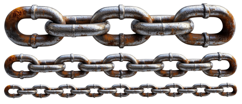 Rusted metal chains of varying sizes, showing texture and wear, isolated transparency background. chains display realistic metallic sheen and detailed corrosion, emphasizing their aged appearance