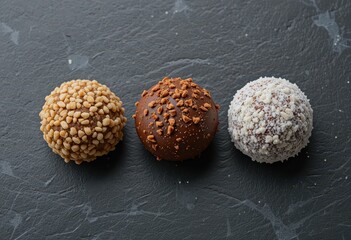 Delicious Chocolate Truffles with Various Toppings on Slate Surface