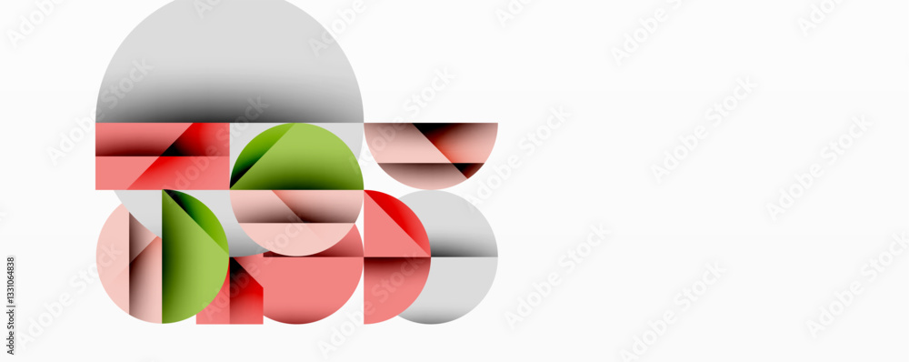 Poster Modern abstract composition with layered circles and angular segments featuring gradients, transparency effects, and a structured geometric layout