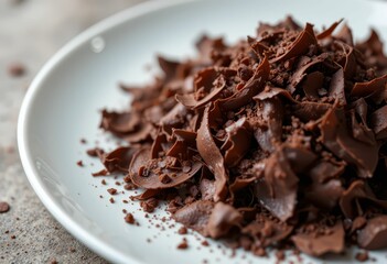 Fototapeta premium Chocolate Shavings on White Plate for Culinary and Baking Decoration