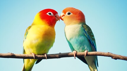 Lovebirds Kissing on a Branch: A Vibrant Display of Affection
