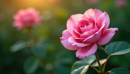 Soft petals of pink roses gently unfolding in morning dew, garden, dewdrop