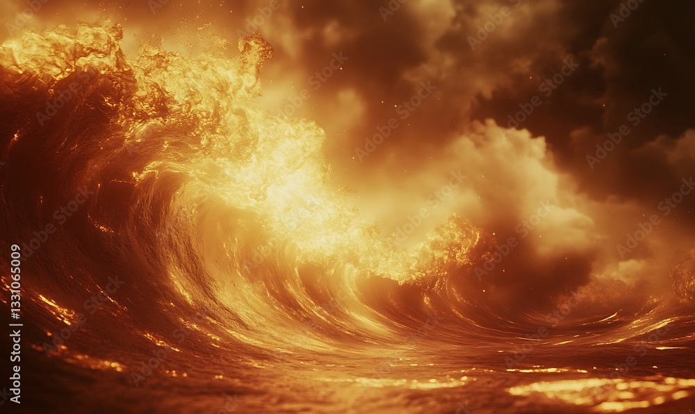 Poster fiery ocean waves under dramatic clouds create an intense and captivating scene.