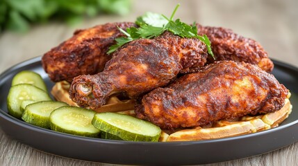 Waffle deep fried chicken delight. Delicious fried chicken with pickles and waffles on a plate.