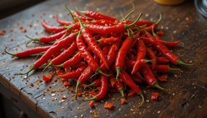 Fresh Red Chili Peppers Gathered on Rustic Wooden Table