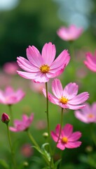 Fototapeta premium Soft pink cosmos flowers sway in the garden breeze, colorful, pink flowers, wildflowers