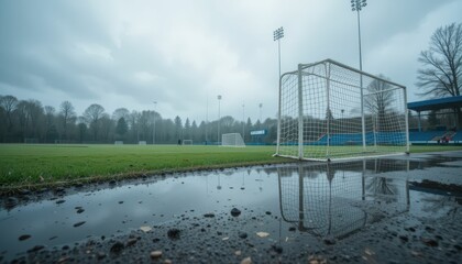 Fototapeta premium Soccer Field Under Grey Sky with Rain Reflections and Goalpost