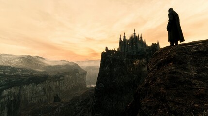 Obraz premium Gothic Fortress Clifftop Sunset Fantasy Landscape Dark Castle Mysterious Figure