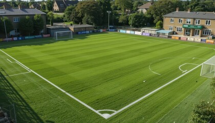 Aerial View of a Well-Maintained Grass Football Field with Goals